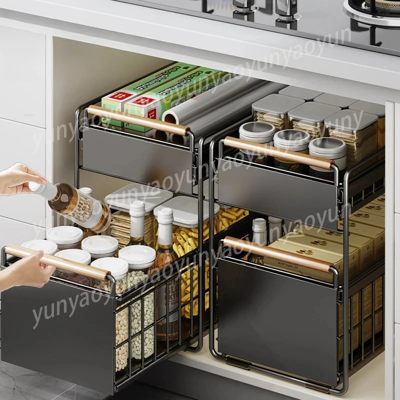 Under Sink Organizer - Pull-out Tiered Shelf for Kitchen Cabinet | Adjustable Storage Rack with Drawers, Spice & Dish Organizer