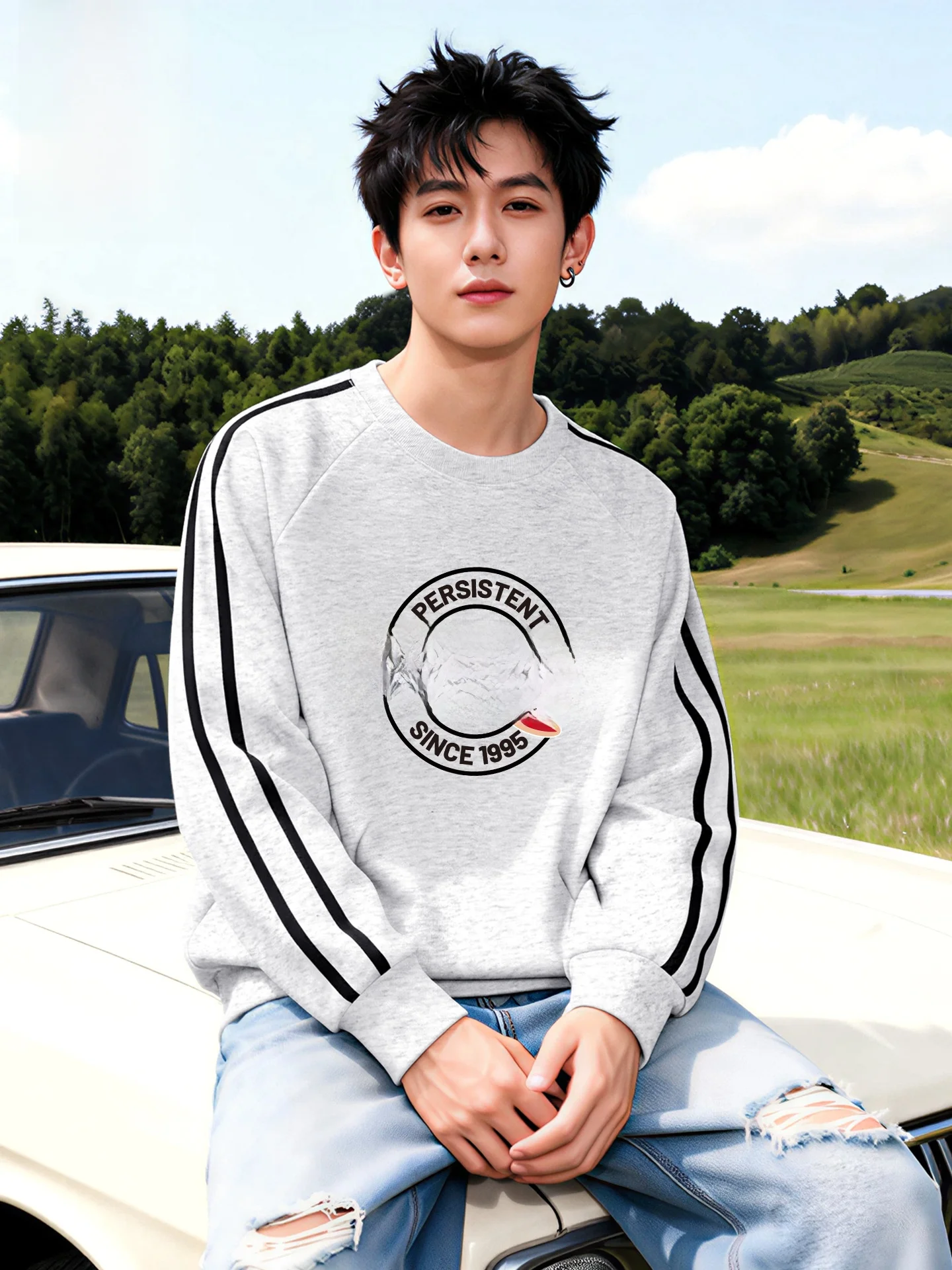 

M round Ne Sweatirt Spring 2026 New Stripe Long Sve Sportswear Casual Sle Cotton Polyester Blend