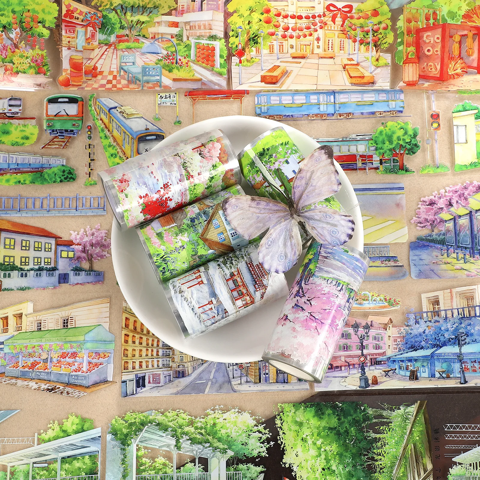 70mm/80mm/5m Vintage Plant Tree Flower Street Landscape PET Tape Creative DIY Journal Material Collage Scrapbooking Stationery