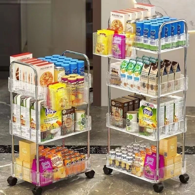 Transparent Acrylic Living Room Floor Standing Multi-Layer Trolley Storage Rack, Movable Bathroom Bedroom Storage Rack