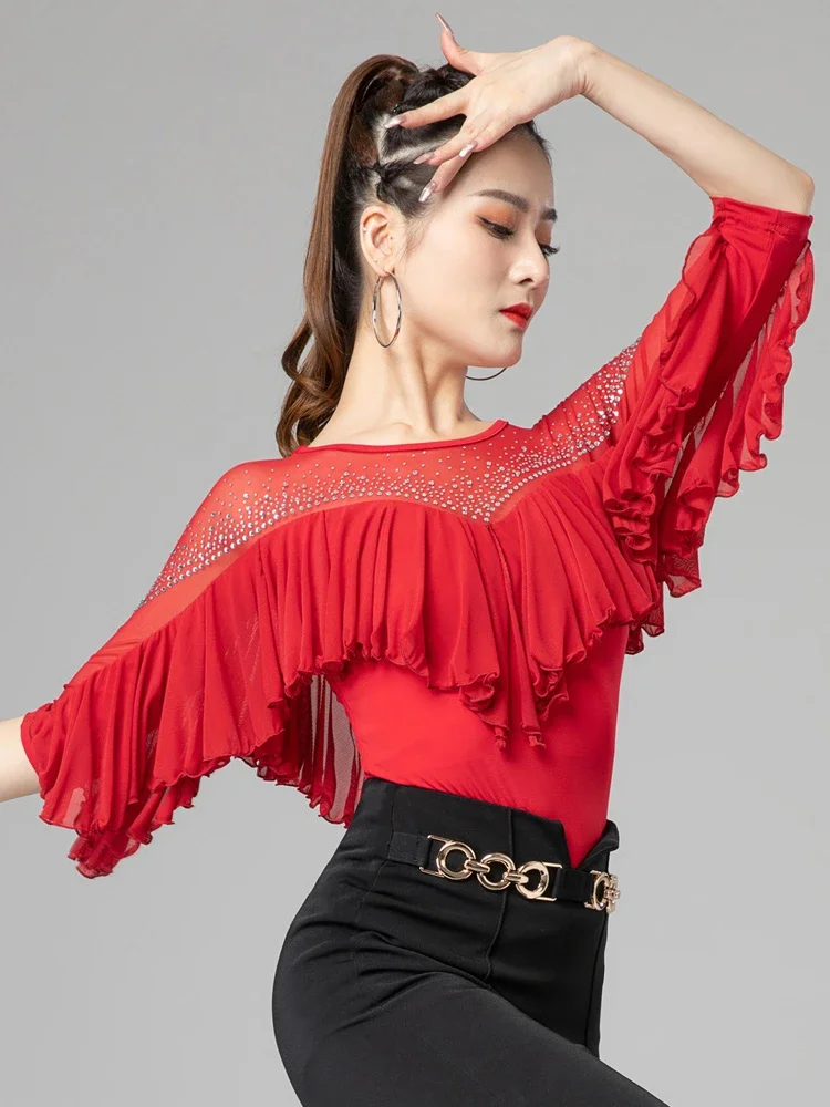 

X2208 Lady Latin Dancing Top Women's Modern Dancing Blouse Waltz National Standard Dancing Suit Lotus Leaf Sleeve