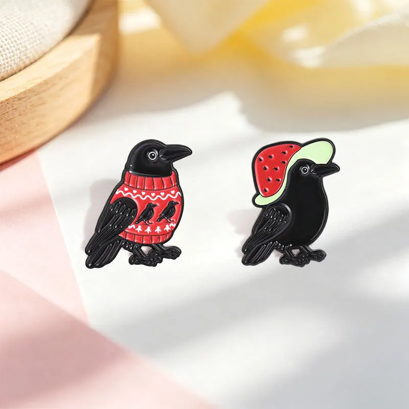 Cute Crow Enamel Pins Cartoon Sweater Raven Watermelon Hat Bird Kawaii Animal Brooches Lapel Badge Jewelry Gifts for Friends