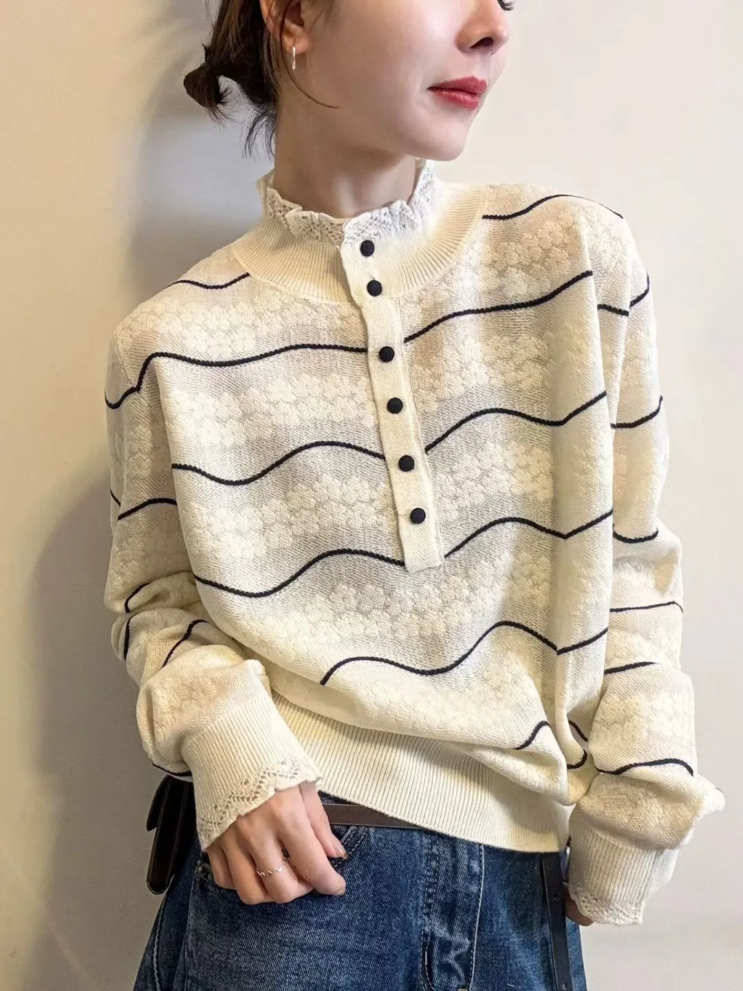 

Casual Trendy Knitted Sweater Women Long Sleeve Lace Patchwork Striped Pullover 2025 Autumn Winter Stand Collar Tops F420