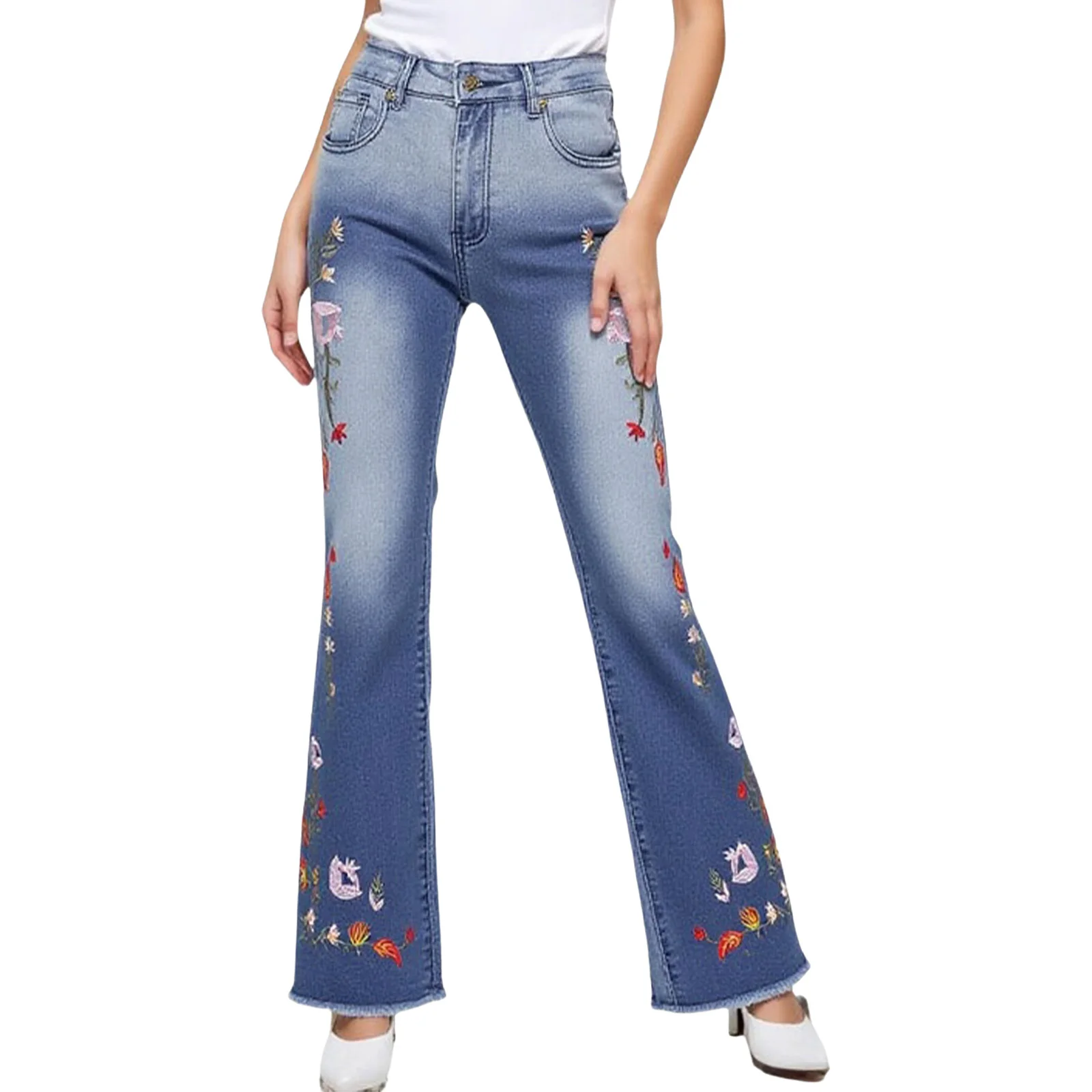 

Fashion Women Exquisite Floral Embroidery Pants Flared Jeans Bell Bottom with Raw Hem Denim Trousers for Office Daily Outings