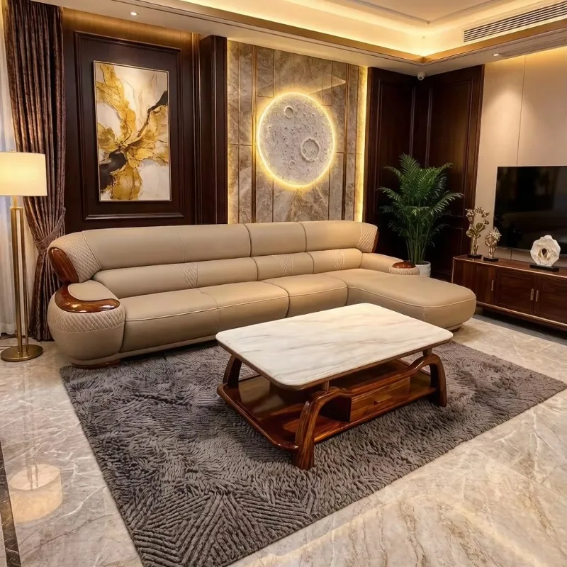 New Chinese-style Living Room Leather Sofa Set High-end Villa Solid Wood Living Room European-style Sofa Set Furniture