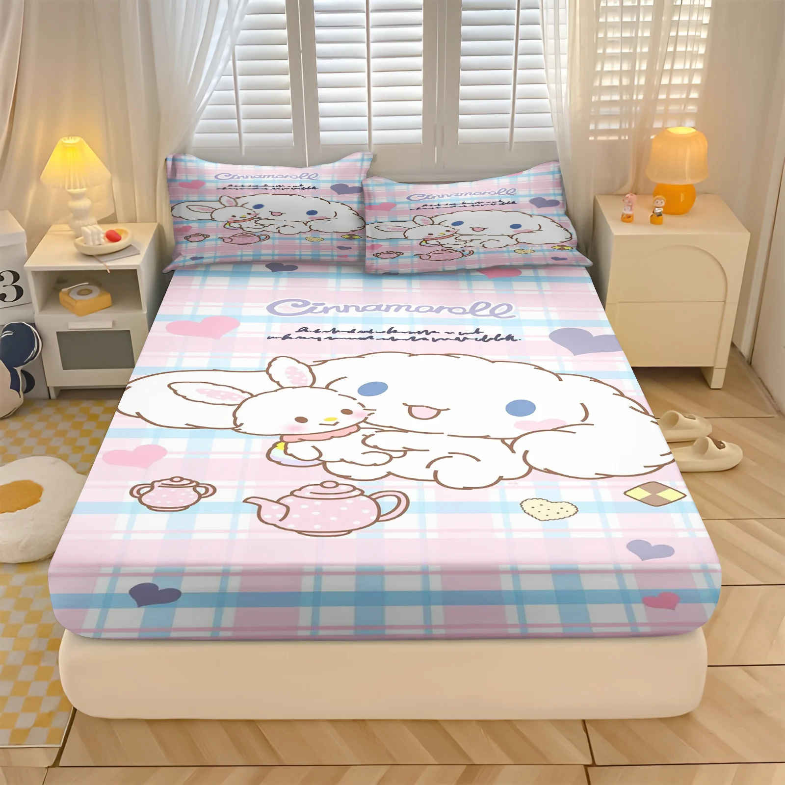 Sanlio 쿠로미 헬로 키티 100% 폴리에스터 침구 세트, 필로우카 장착 시트 침대 커버, 풀 3D 인쇄 어린이