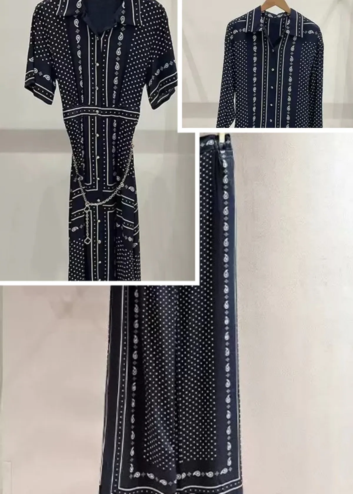 

Women's Paisley Dot Printed Set Single Breasted Long Sleeve Shirt + Turn-Down Collar Midi Dress +Pants with Chain
