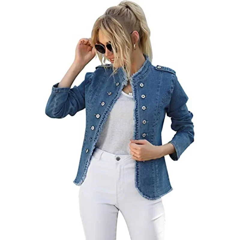 

Women Denim Jacket Single-breasted Solid Slim Suit Spring New Fashion Lady Casual Street Stand Collar Long Sleeve Coats