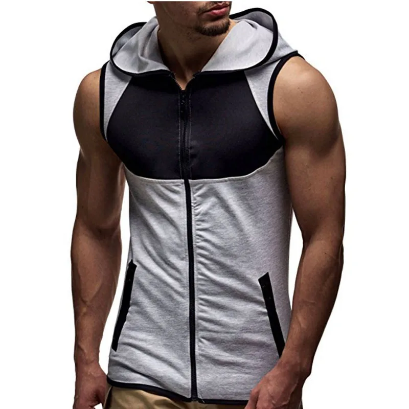 2023 Men Sleeveless Tank Tops Bodybuilding Hoodie Tops Workout Solid Slim Vest Camiseta Casual Hooded Sweatshirt Vests MY359