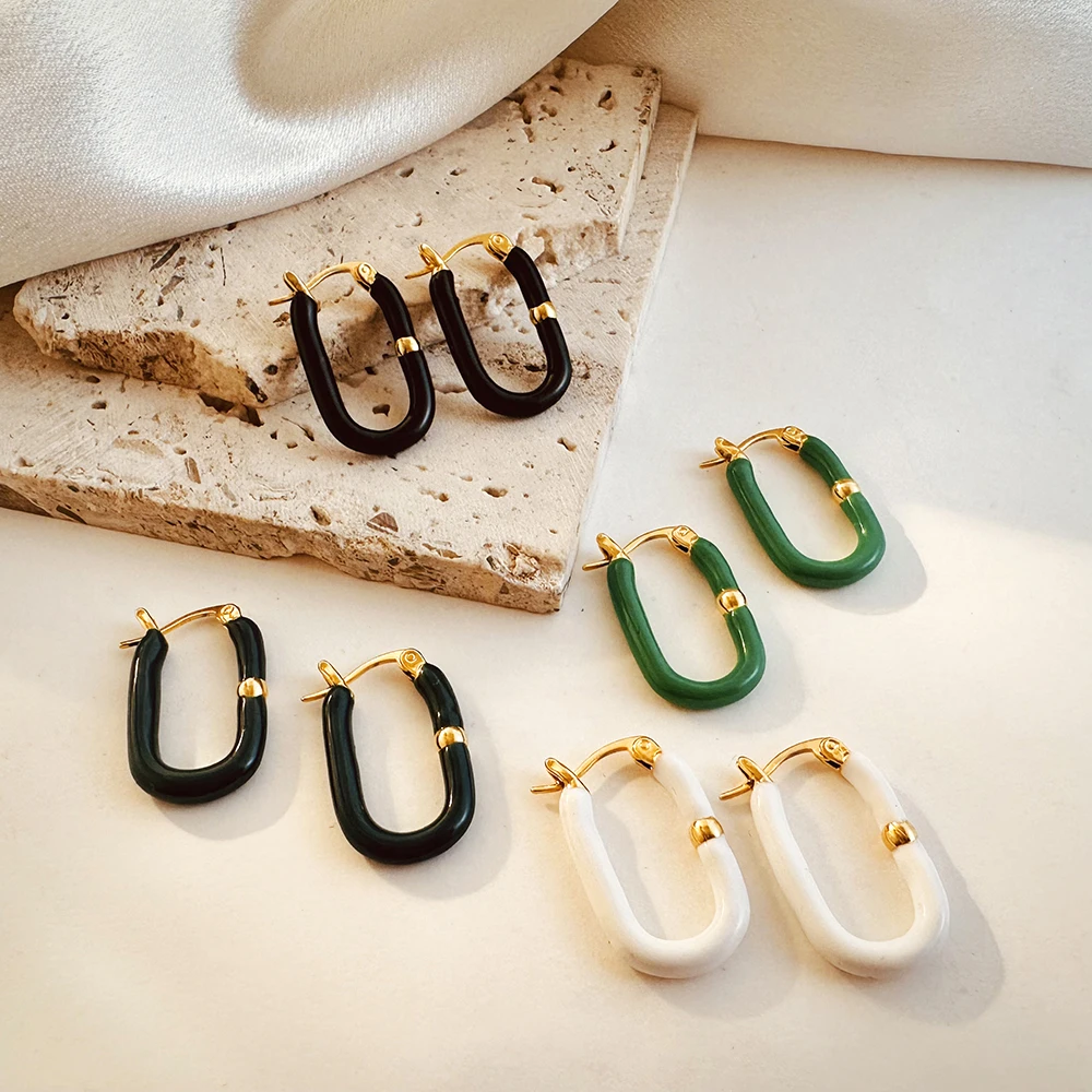 Fashion Enamel Color Stainless Steel Geometric U Shape Hoop Earrings for Women Minimalist Rectangle Girls Ear Buckle