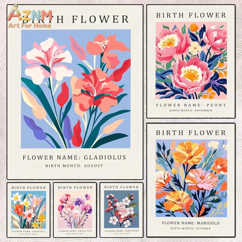 

1 шт. Картина с цветком, символизирующим день рождения, каллиграфия, классический принт на холсте, постер, настенное искусство для украшения дома, праздничные подарки