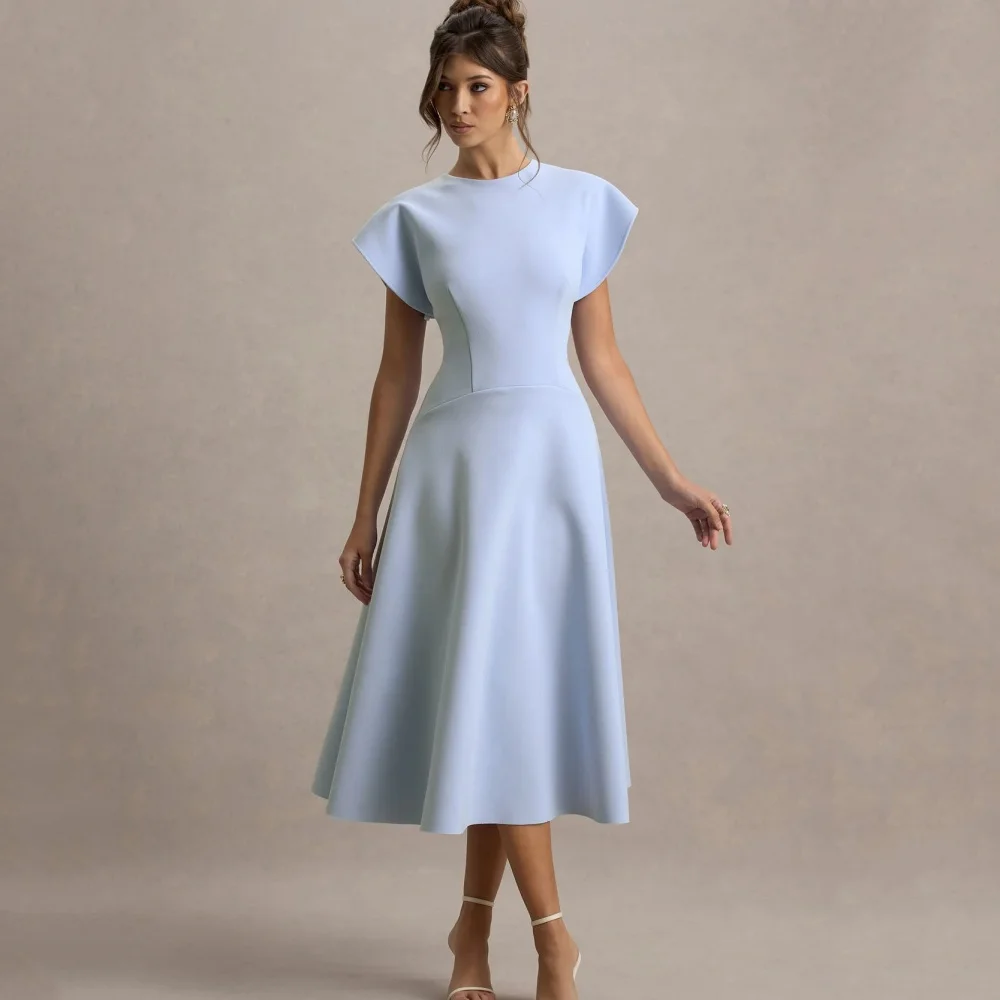 

Elegant Simple Prom Dresses Customized O Neck A Line Party Gowns Tea Length Light Blue Evening Dress New Vestido De Novia