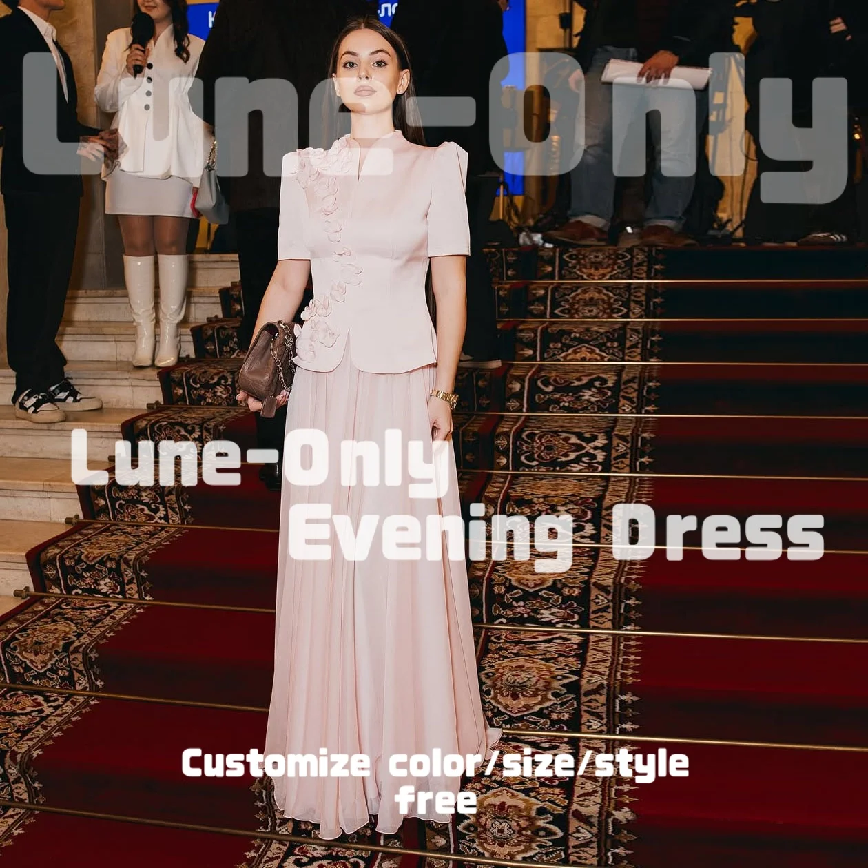 تخصيص الزهور الوردية طويلة الأكمام الدعاوى الحلو النساء فساتين السهرة أنيقة حزب ثوب ألف خط حفلة موسيقية اللباس الرسمي #1