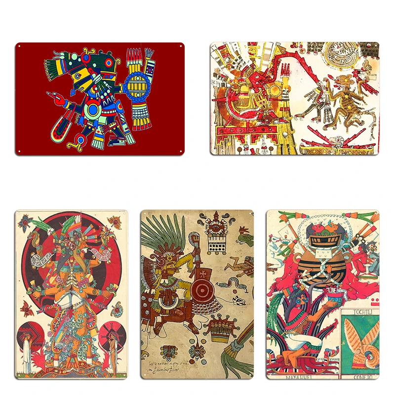 Aztec Sun God Tonatiuh Xolotl Aztec God Nahuatl Quetzalcoatl حانة معدنية الديكور جدار جدارية سينما تين تسجيل ملصق #1