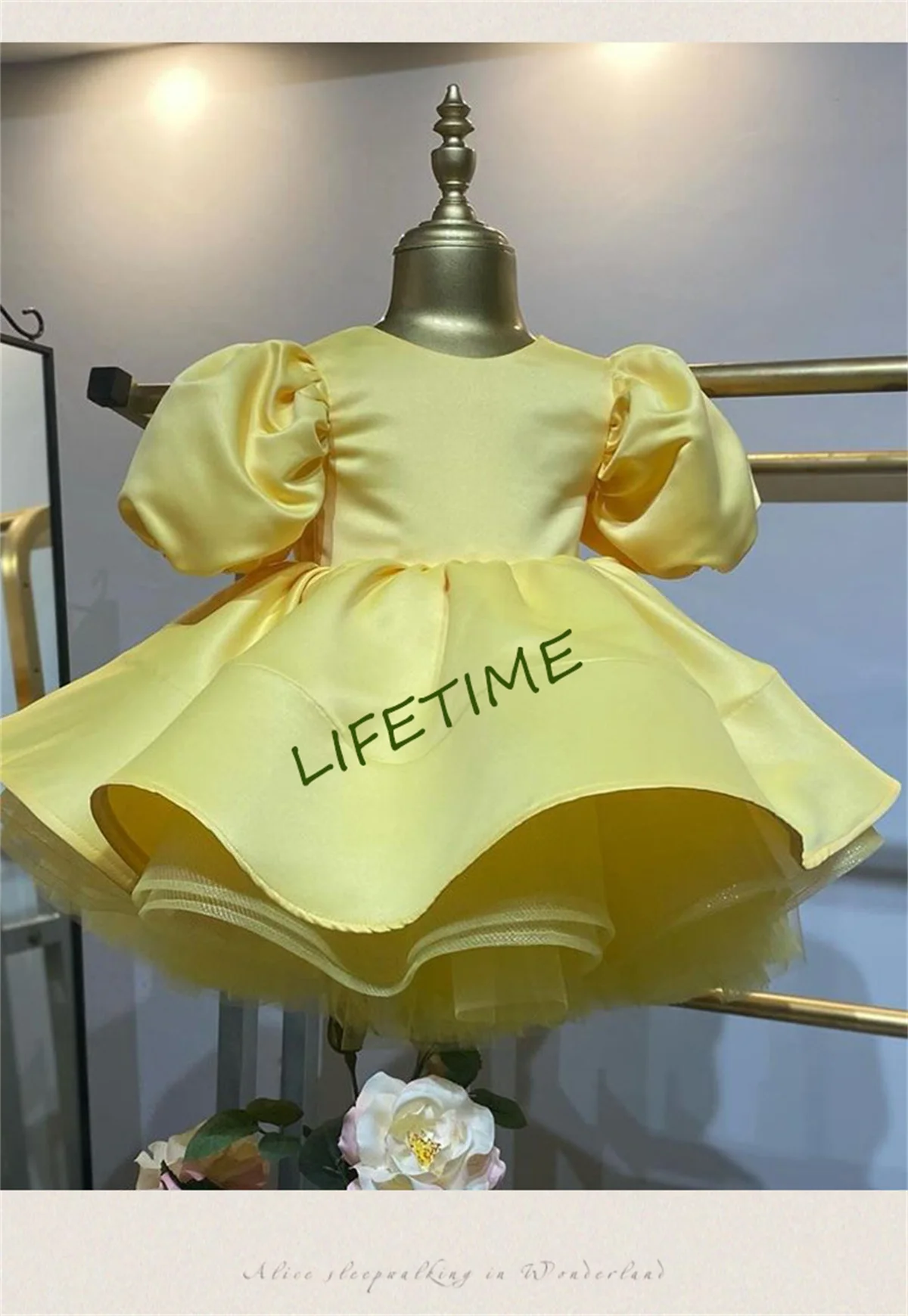 Puffy yellow Satin Flower Girl Dresses Knee Length Wedding Party Dress Bow Toddler Baby Birthday Pageant Ballet Tutu Dress