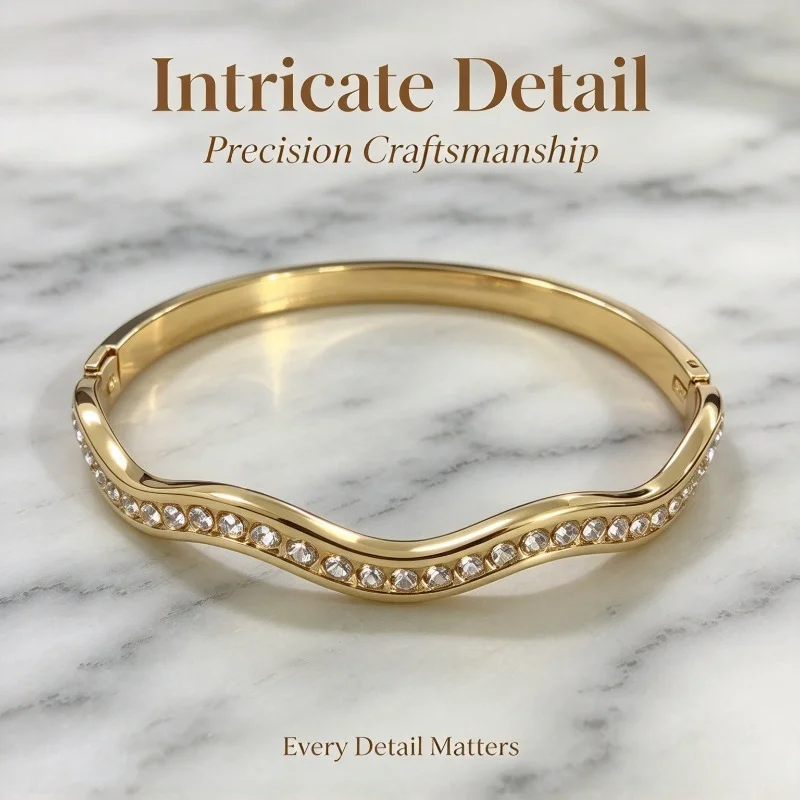 Gold Color Snap-on Zircon Bangle Waves Bracelet Stainless Steel Trendy Durable Women Fashion Jewelry Gift for Her Party Daily