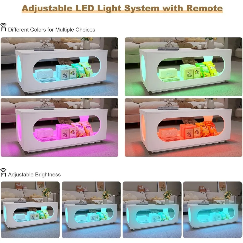 43" White Led Coffee Table for Living Room, Modern Living Room Table Rectangular Contemporary Center Table with Storage