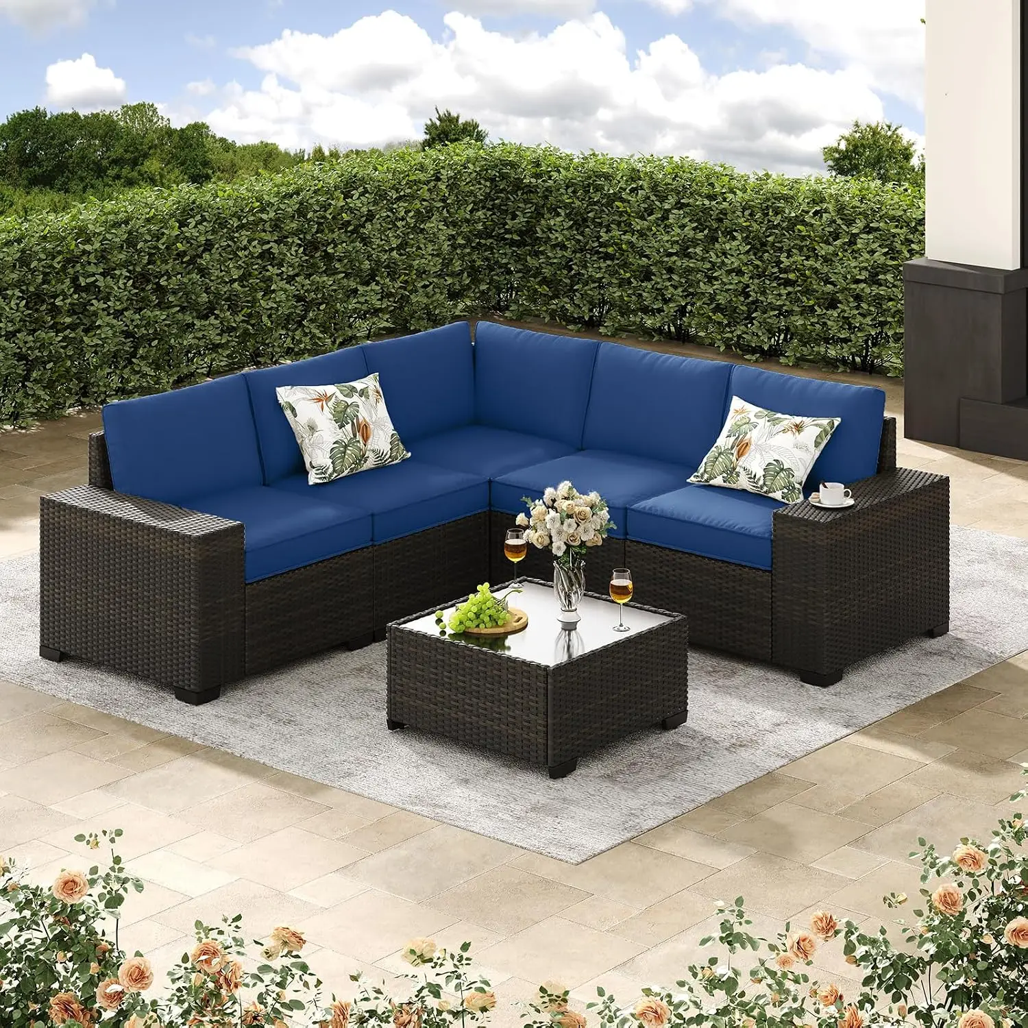 6-Piece Wicker Sectional Sofa Set with Cushions Glass Table & Armrests All-Weather Rattan Patio Furniture, Customized