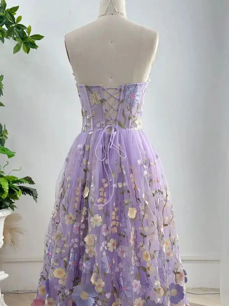 Träger loses A-Linie Blumen kurzes Heimkehr kleid mit 3D-Blumen bestickte Cocktail kleider Kleid kurze Länge Brautkleider