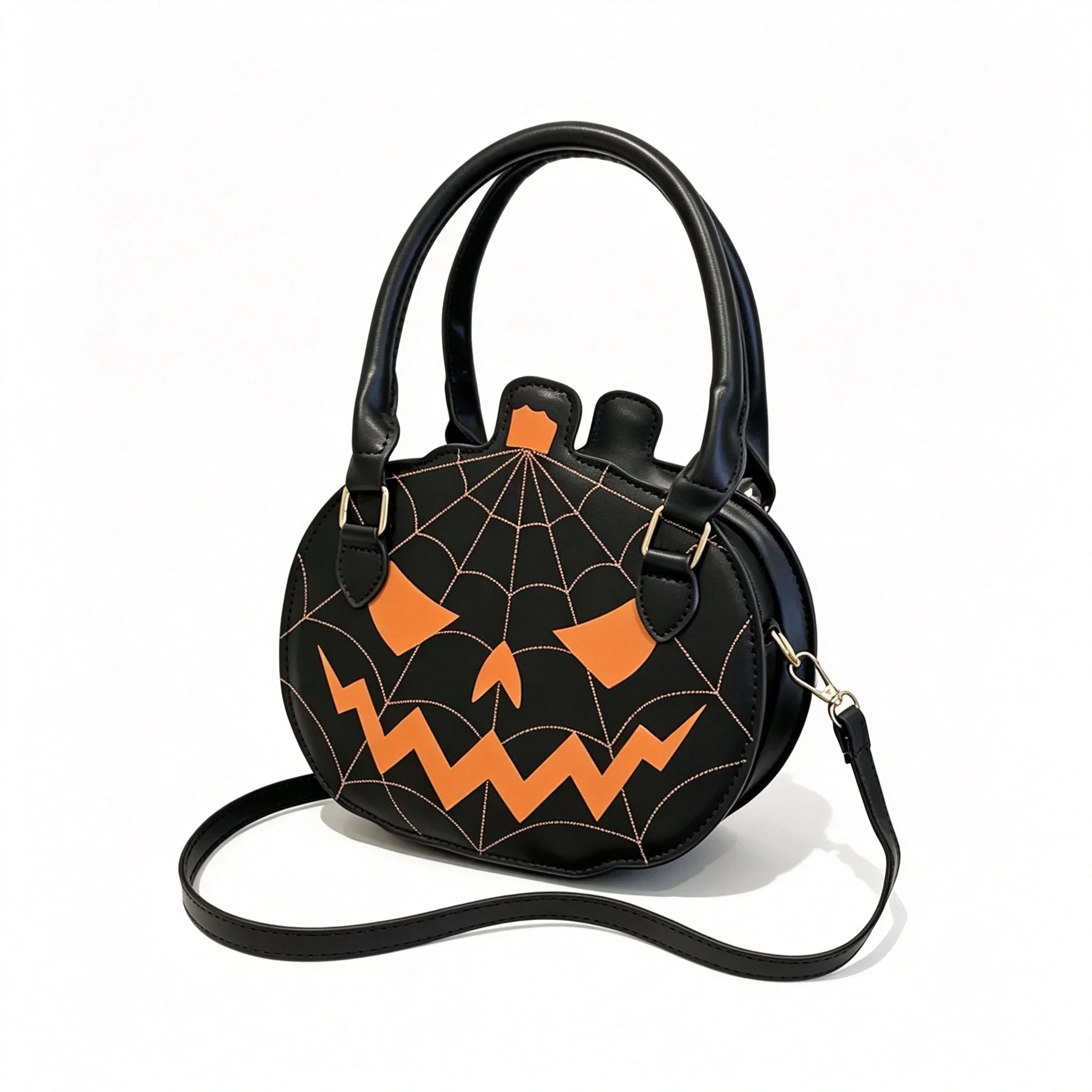 Orange Pink Halloween Pumpkin Smile Crossbody Bag Spooky Jack-o-Lantern Spider Web Black PU Shoulder Handbag Novelty Purse Women
