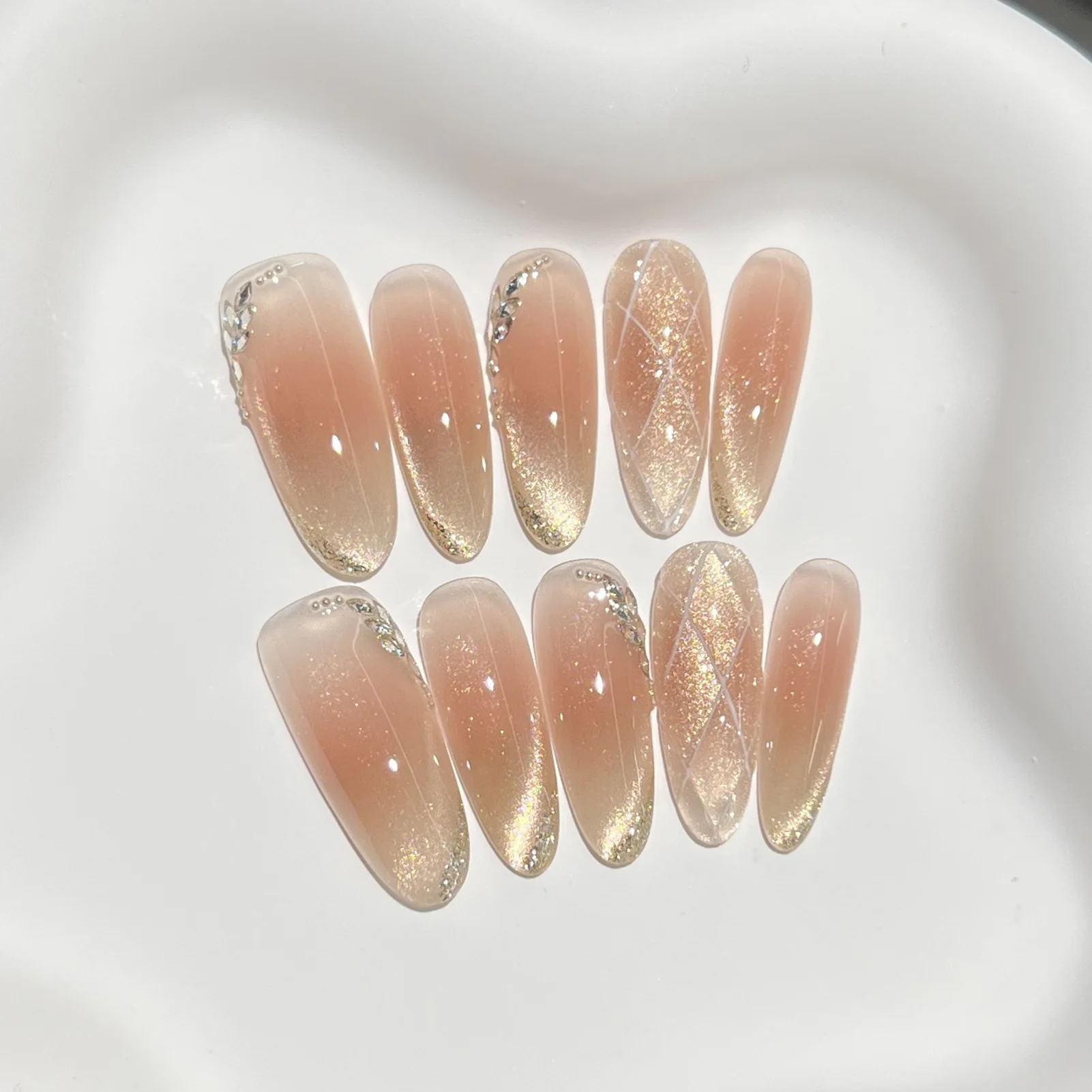 10pcs Long Oval Glitter Cat Eye Press On Nails Almond Shape Fake Nails with Gold Sand Checkerboard Design for Party Wedding Date