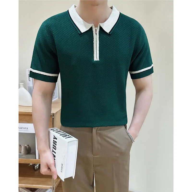 Summer Color-Block Half-Zip Lapel Short Sleeve Knit Polo Shirt Men's Business Casual Top