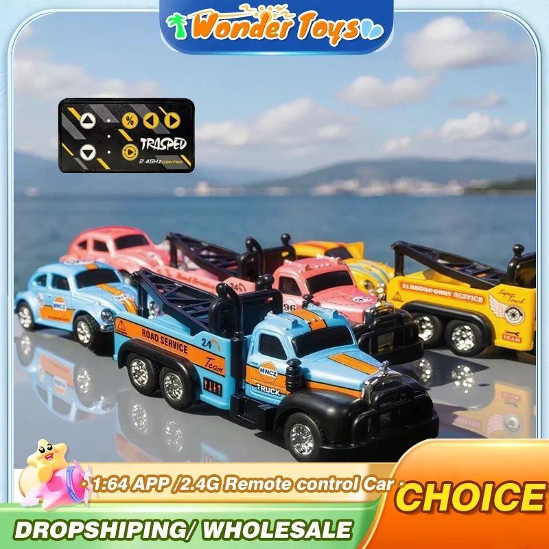 1/64 Mini Truck Cars APP 2.4G Remote Controlled Pickup Trailer Drift Alloy Trucks Children App Radio Control Rescue Vehicle Toys