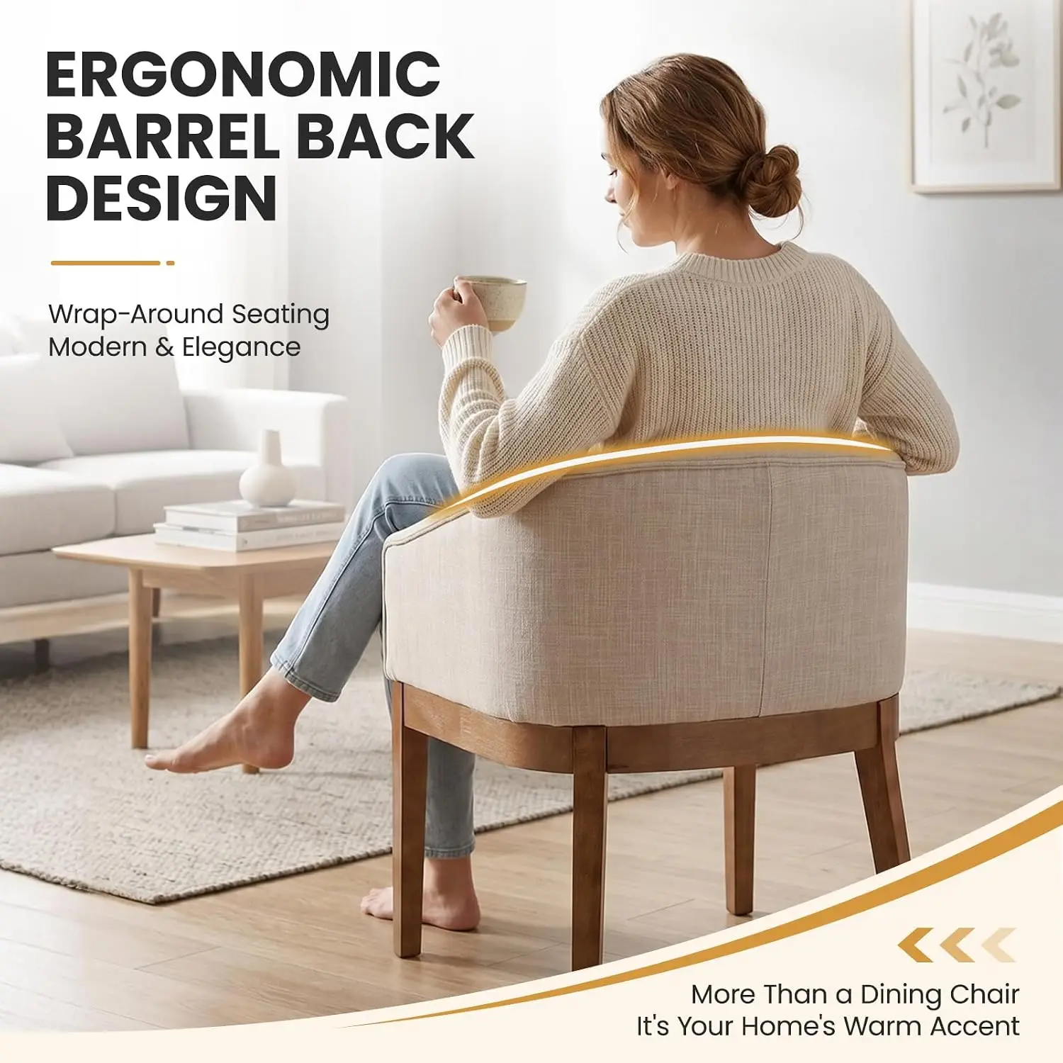 Beige Dining Chairs Set of 2 Mid-Century Modern Dining Chairs, Linen Upholstered Kitchen Dining Room Chair Curved, Customized view 4