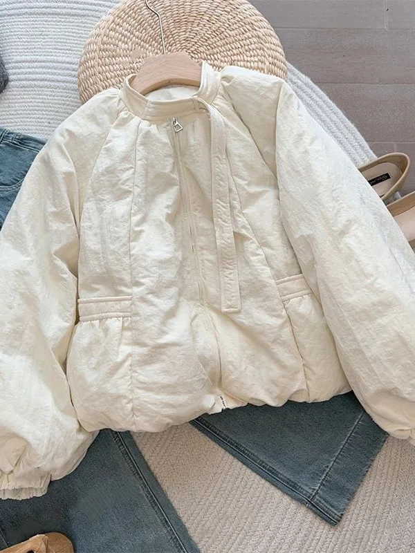 

Модная женская хлопковая куртка с воротником и длинными рукавами, однотонная, бежевая, зимняя, новый стиль, корейский дизайн, антивозрастная, трендовая, утепленная.