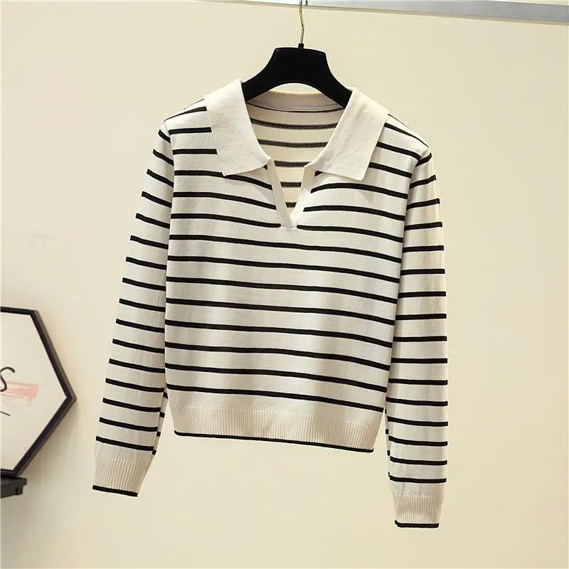 Women Clothing Vintage Loose Striped Knit Tops Autumn Casual All-match Thin Slim Long Sleeve Sweaters Loose Elasticity Knitwear