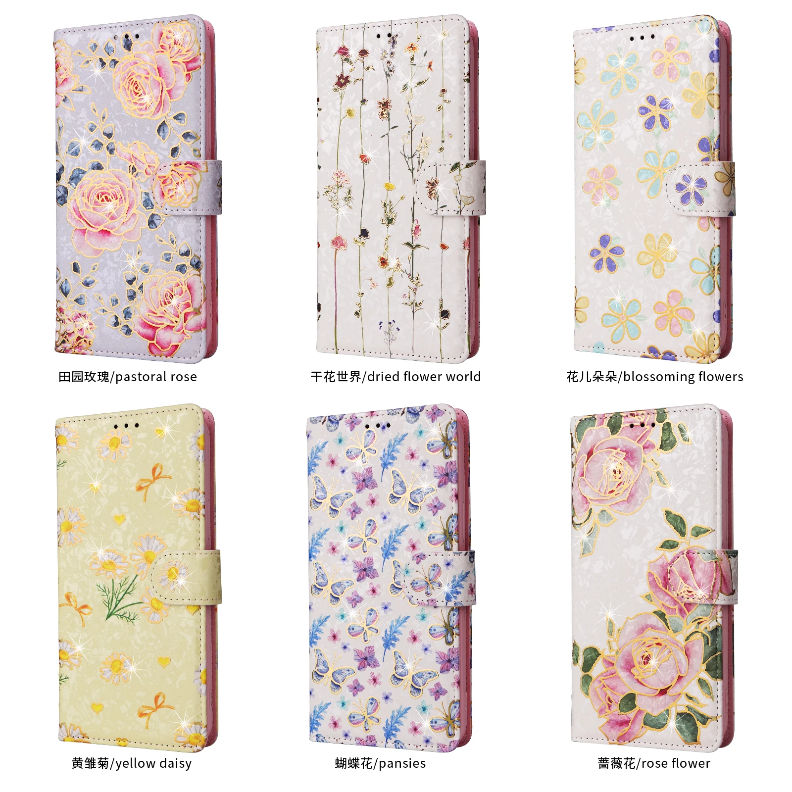 CAESBON Leather Wallet Phone Case For Iphone 16 Pro Max 16 Plus 16 Pro 16 15 Pro Max 15 Plus 15 Pro 15 14 Pro Flower Phone Case