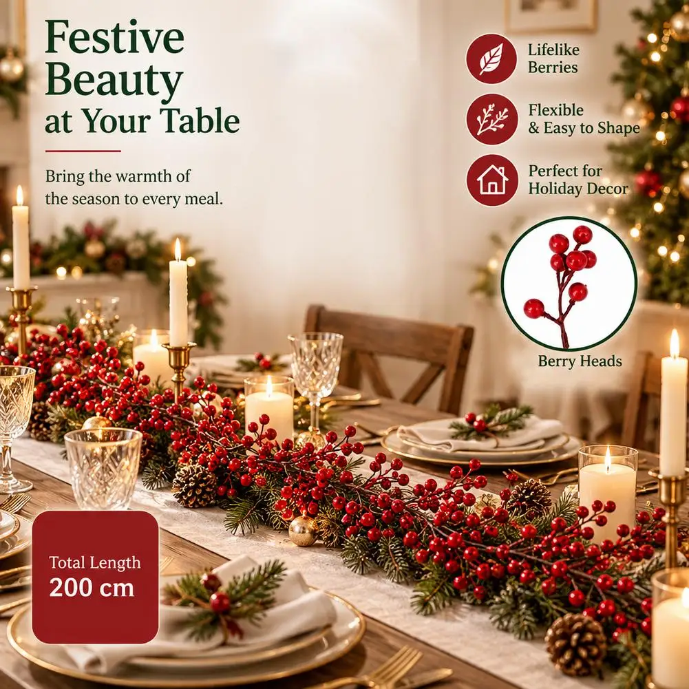 175CM - 200CM Artificial Red Berry Vine - for Holiday Fireplace, Staircase, Dining Table Decor, Christmas - for Celebrations