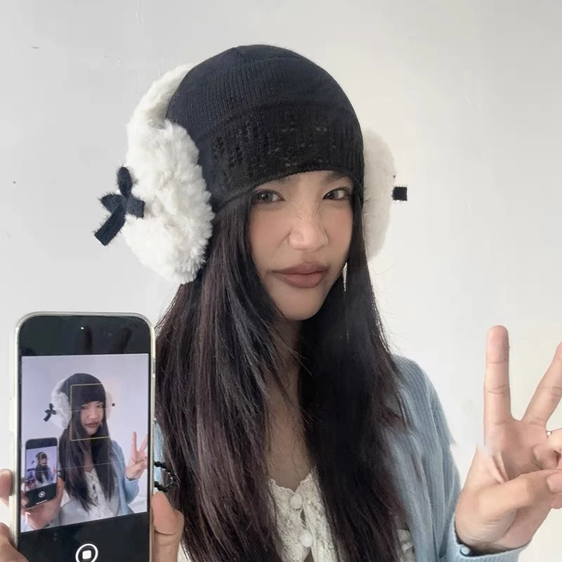 Orejeras con nudo de lazo para mujer, tapones para los oídos de felpa gruesa, esponjosos, Kawaii, corazón, protección contra el frío, japonés, JK,