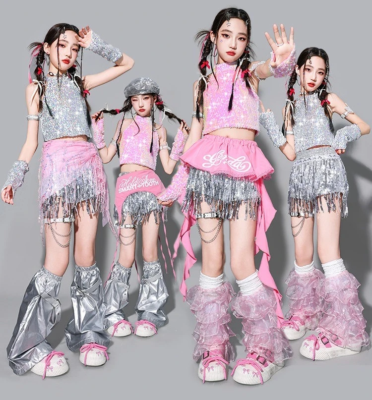 Girls Hip Hop Sweet Sequin Crop Top Shiny Fringed Skirt Kids K-pop Streetwear Children Jazz Girl Group Street Dance Clothes Sets