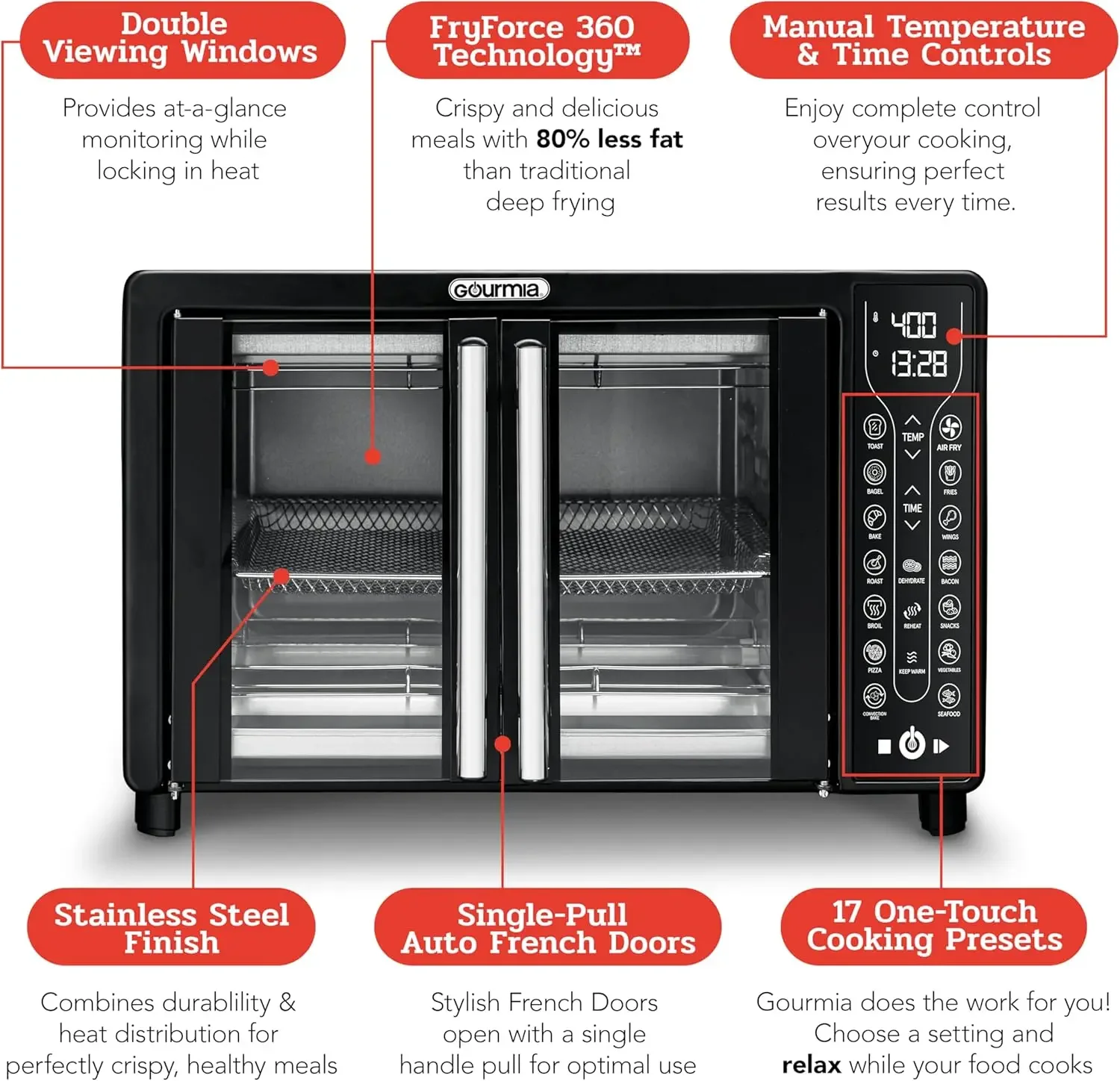 Broodrooster Oven Luchtfriteuse Combo 17 Kookvoorinstellingen 1700 W Franse deur Digitale luchtfriteuse Oven Accessoires met 24 liter capaciteit