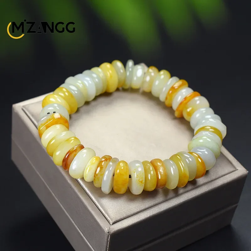 Natural Hetian Jade Original Stone Bracelet Men and Women Sprinkle Gold Leather Beads Exquisite Fashion Jewelry Holiday Gifts