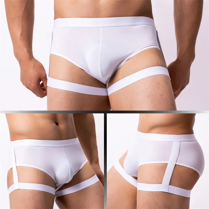 Ropa Interior de seda de hielo para Hombre, suspensorio Sexy Gay, lencería fina, bragas con tirantes para piernas