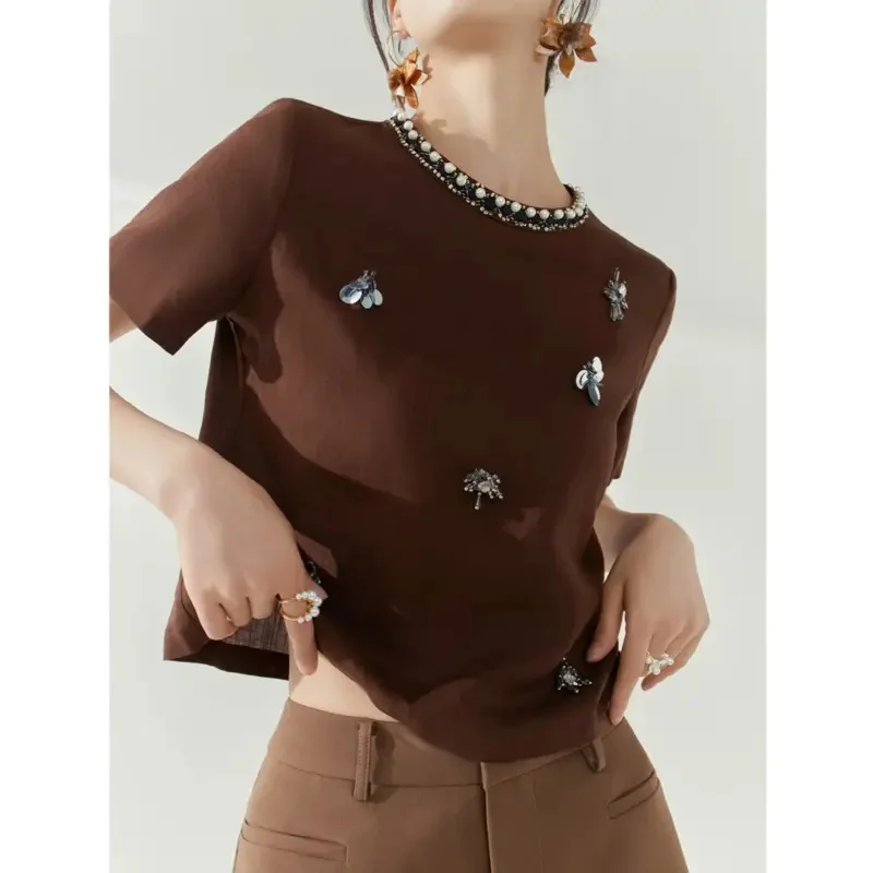 

New Fashion 3D Beaded Blouse Women O-Neck Short Sleeve Thin Retro Summer Shirts Retro Fashionable Thin Brown Elegant Top