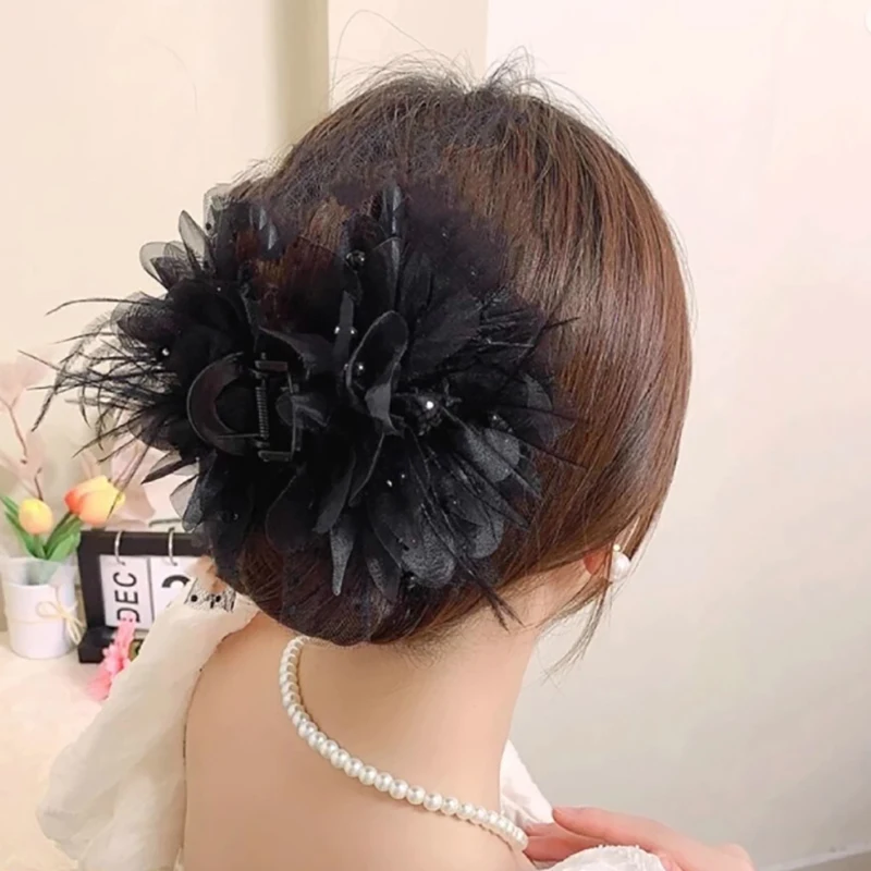 Romantic Black Lace Feather Big Bow Knot Hair Claw Fashion Advanced Sense Hairpins For Women Girls Shark Clip Hair Accessories