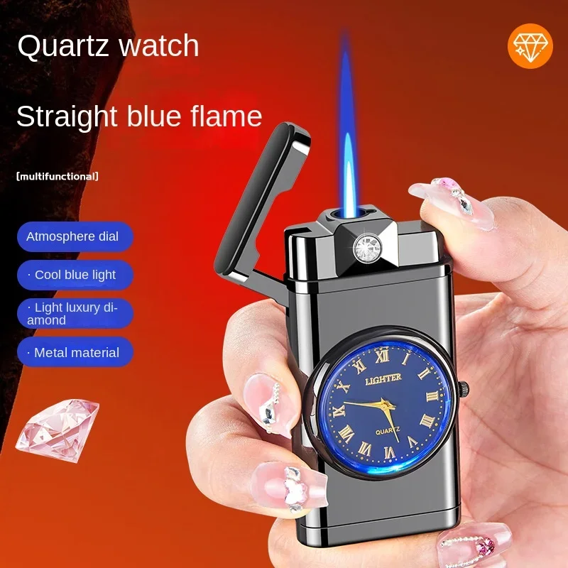 

Personalized creativity, multifunctional, exquisite diamond inlaid metal body, direct blue flame lighter with quartz dial