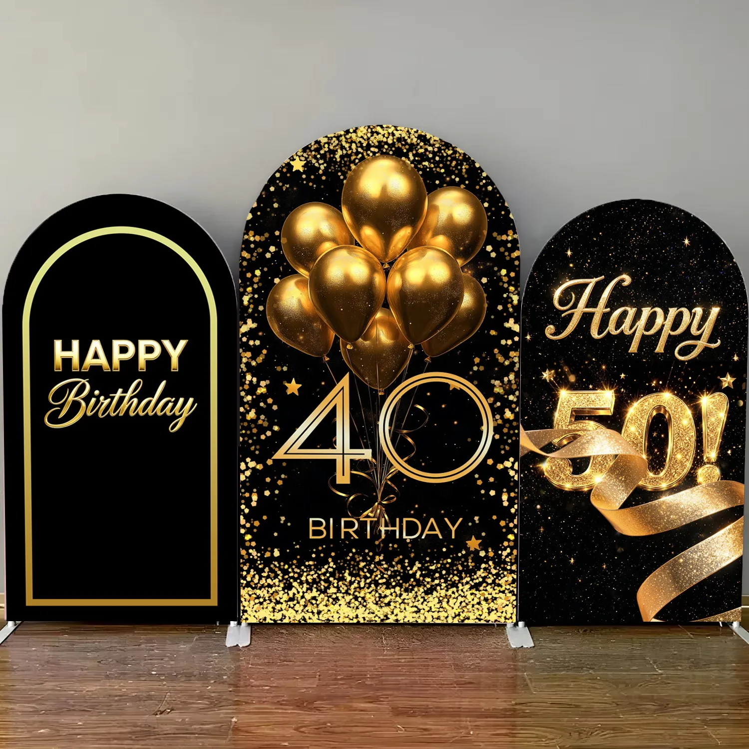 Happy Birthday Party Decor Arch Cover Backdrop Black Gold Glitters Adult Birthday Custom Elastic Arched Background Photo Studio