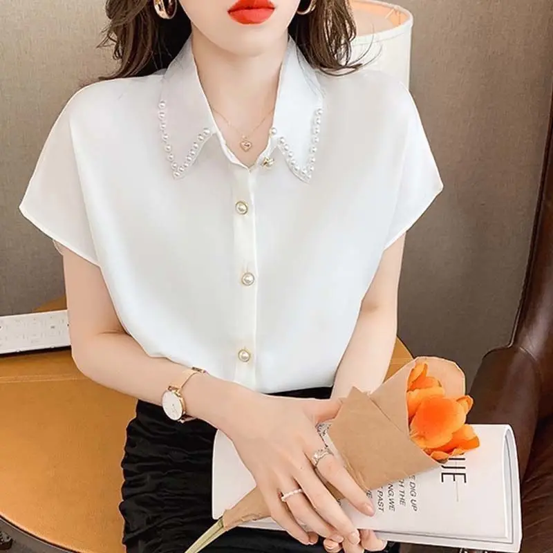Fashion POLO Neck Short Sleeve Shirt Women\'s Summer New Classic Loose V-neck Slim Single-breasted Chiffon Casual Lady Blouse