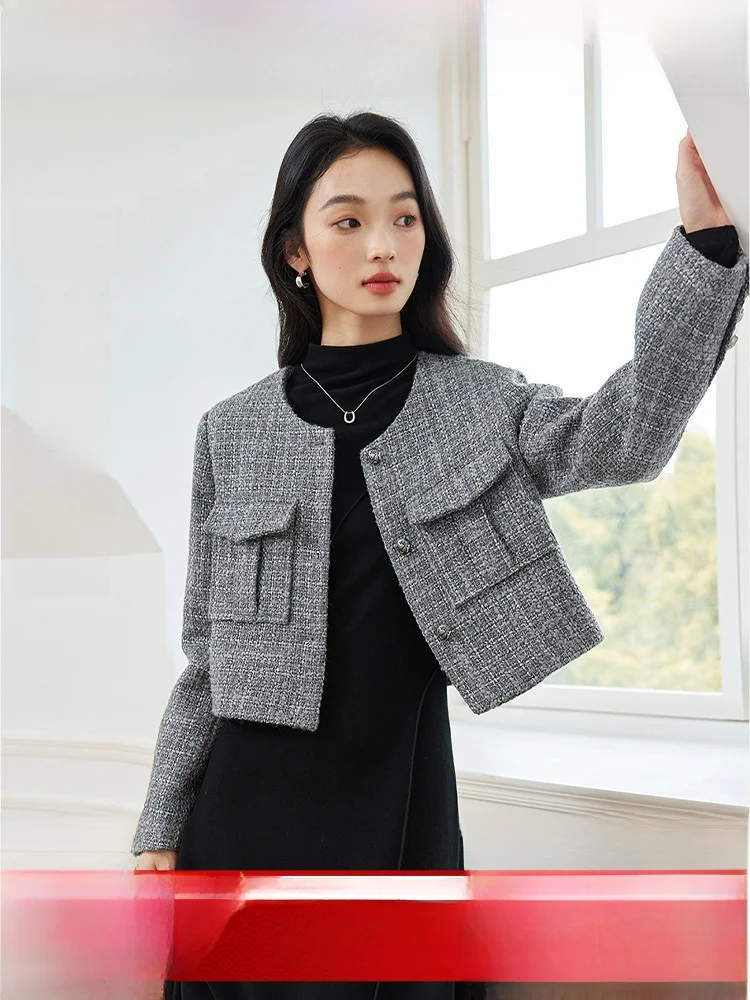 

ay Wool Blend Women's Jaet Spring Autumn New Sle Lightweight Maturi Sense High-End Feeling Commute Sle Button Design