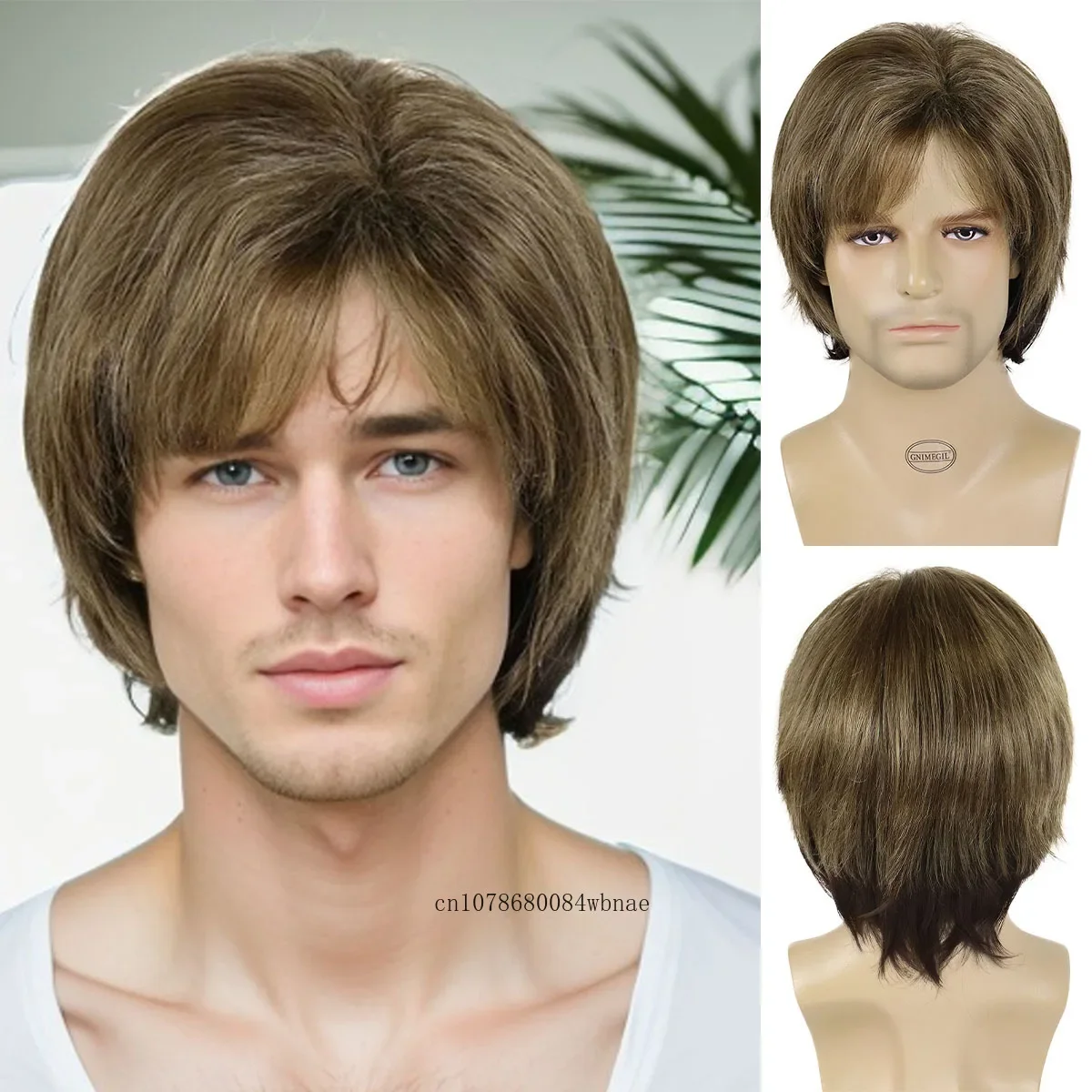 Natural Synthetic Hair Short Brown Wigs with Bangs for Men Father Daddy Bob Straight Wig Daily Party Costume Heat Resistant