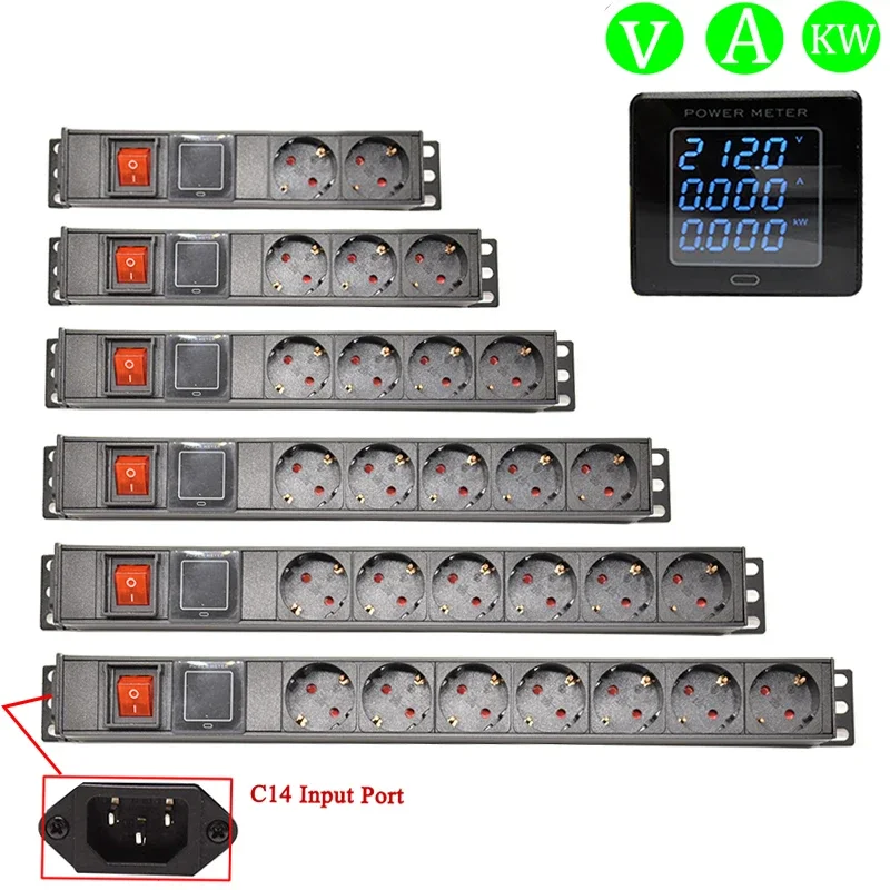 Power Strip PDU 2-8Ways Euro German socket Voltage Current Power Consumption Meter Wattmeter Switch For cabinet rack mount