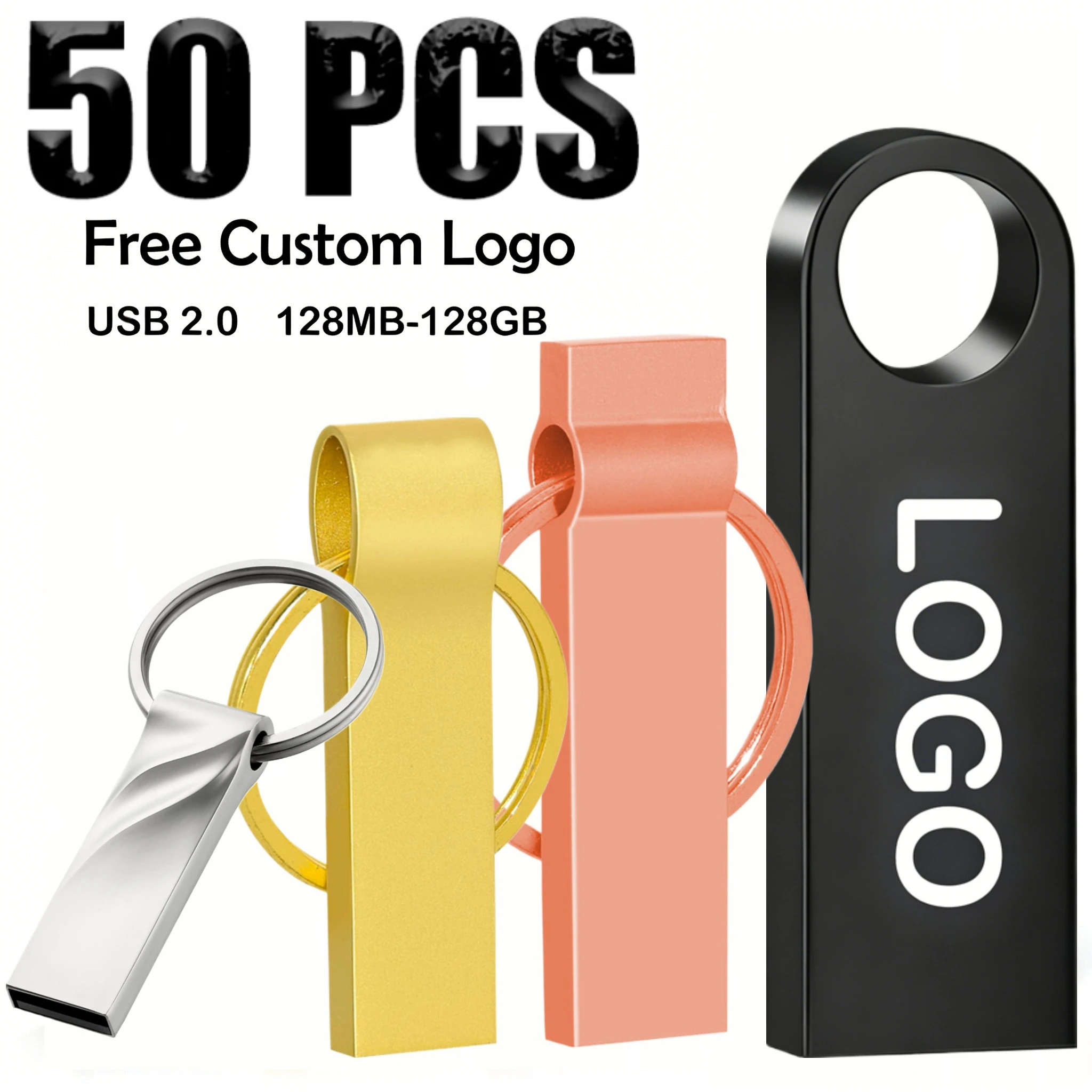 50PCS Metal Pen Drive 64GB 32GB 16GB USB Flash Drive 8GB 4GB U Disk Key Stick 2GB 1GB 128M 256M Memory Pendrive Free Custom Logo