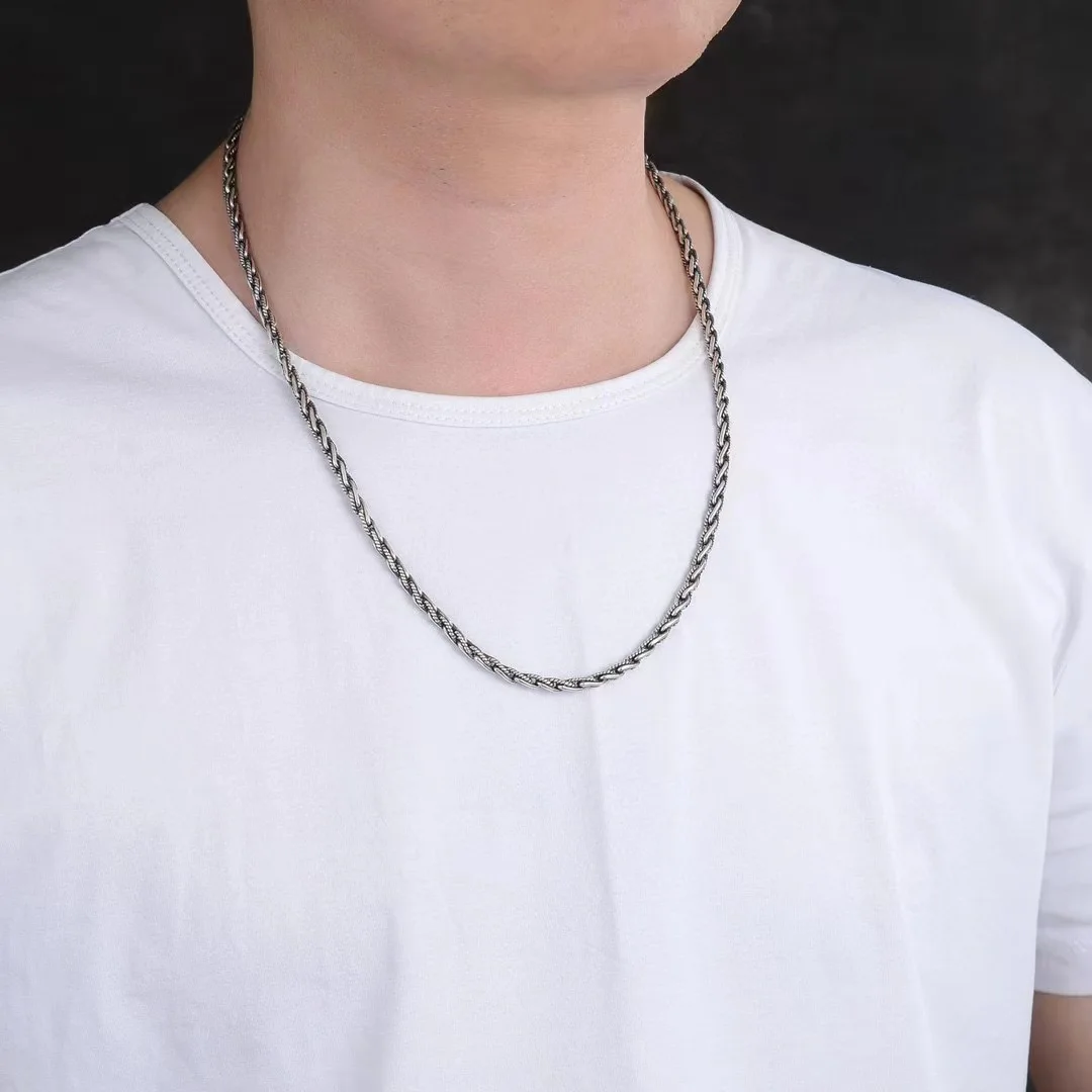 Ethnic style men's diamond pestle hemp rope necklace Sterling silver trendsetter fashion collarbone chain personalized woven twi