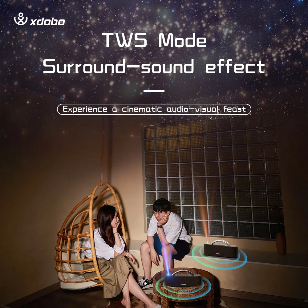 XDOBO Star-مكبرات صوت بلوتوث لاسلكية مع إضاءة جو ، صوت جهير عميق ، محمولة ، خارجية ، تدعم TWS ، USB ، AUX ، W