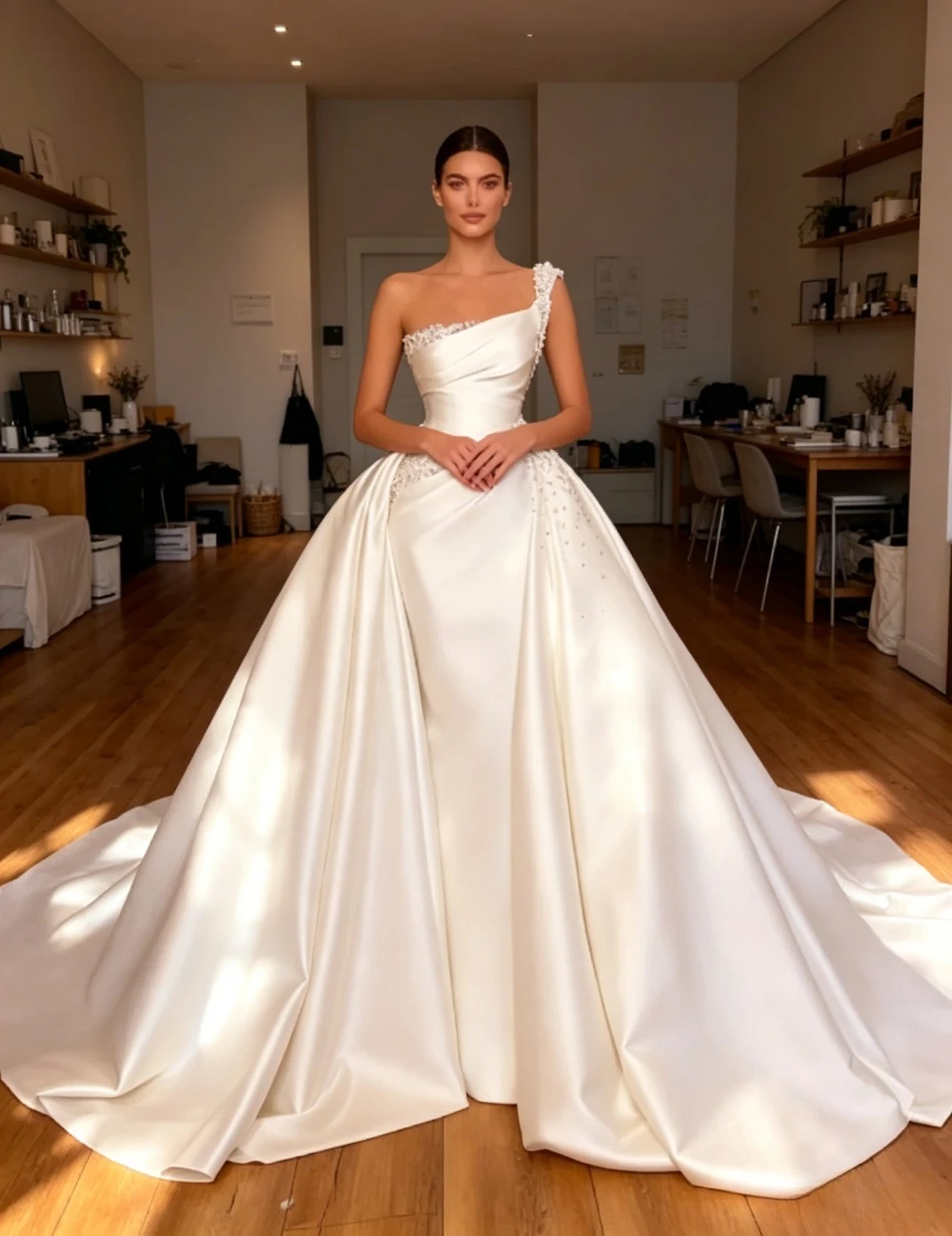 Customized One Shoulder Satin Wedding Dresses 2026 Gorgeous and Elegant Sleeveless Backless Bridal Gown Robe Adorned with Pearls