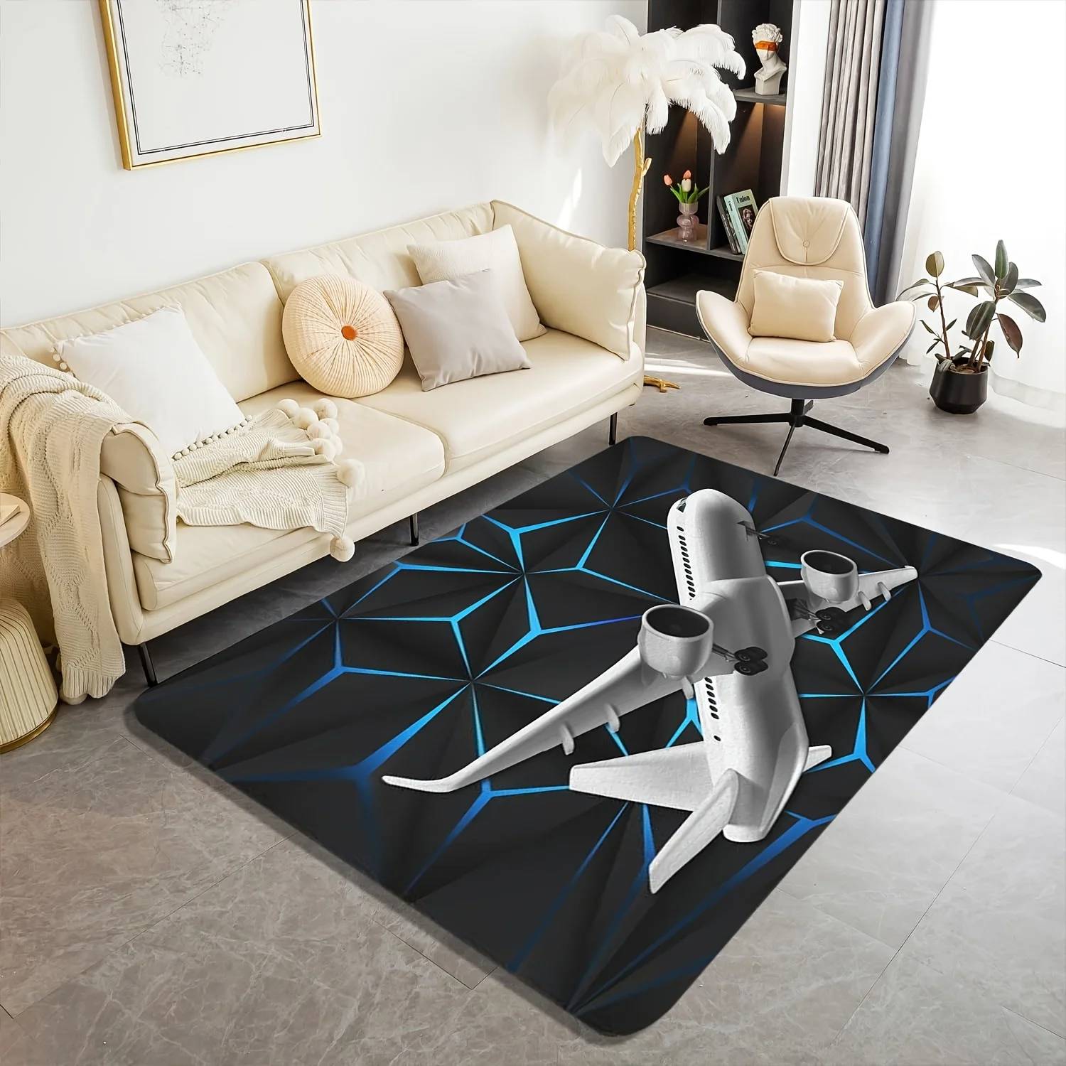 Aircraft Geometry Theme Flannel-printed floor mats are slip-resistant Suitable for living room bedroom terrace garden carpets